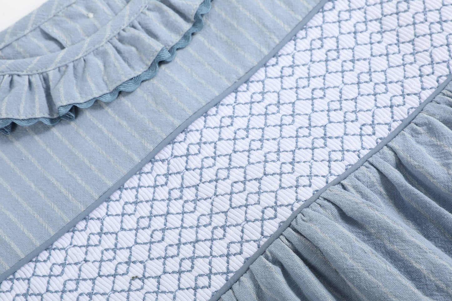 Light Blue Pinstripe Brown Smocked Ruffle Dress