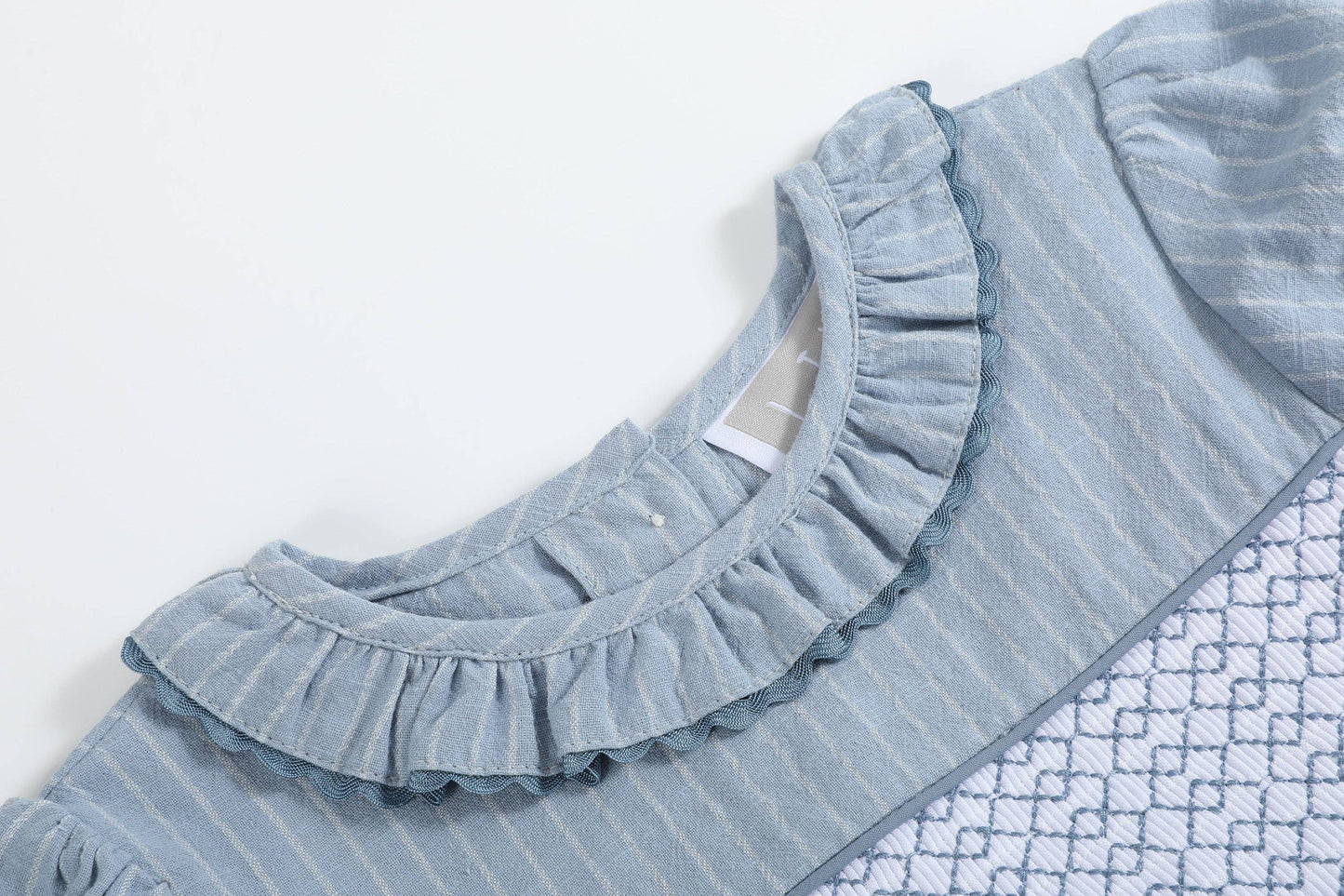 Light Blue Pinstripe Brown Smocked Ruffle Dress