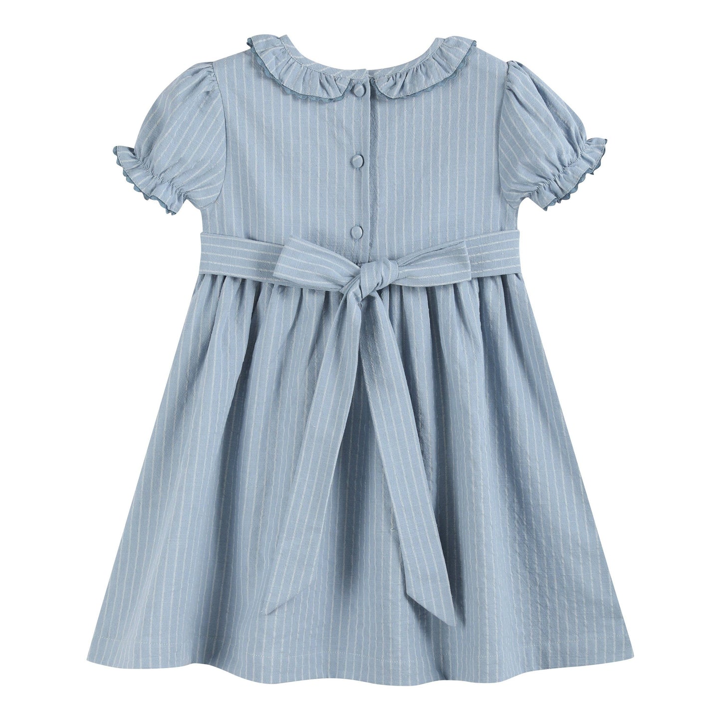 Light Blue Pinstripe Brown Smocked Ruffle Dress