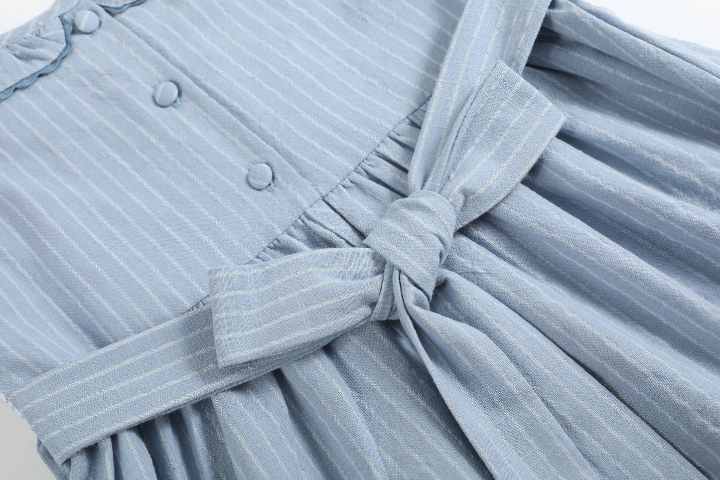 Light Blue Pinstripe Brown Smocked Ruffle Dress