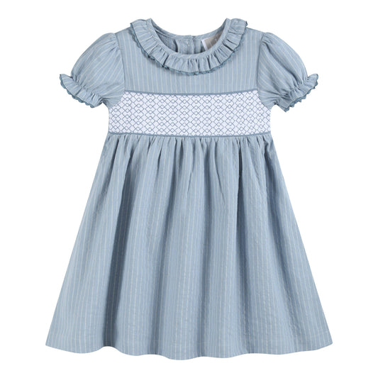 Light Blue Pinstripe Brown Smocked Ruffle Dress
