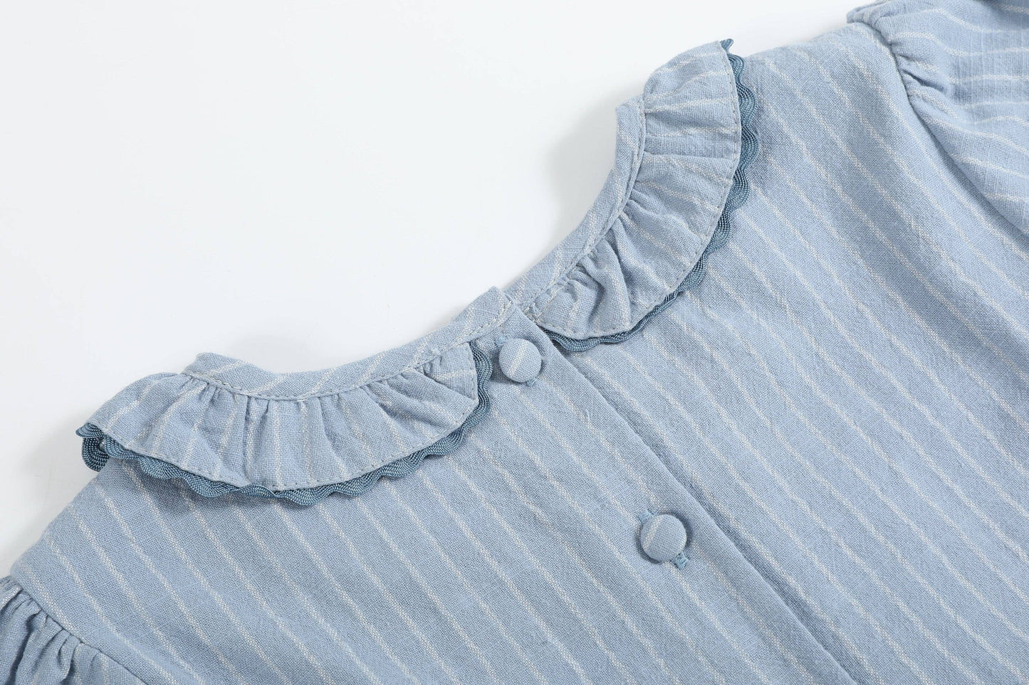 Light Blue Pinstripe Brown Smocked Ruffle Dress
